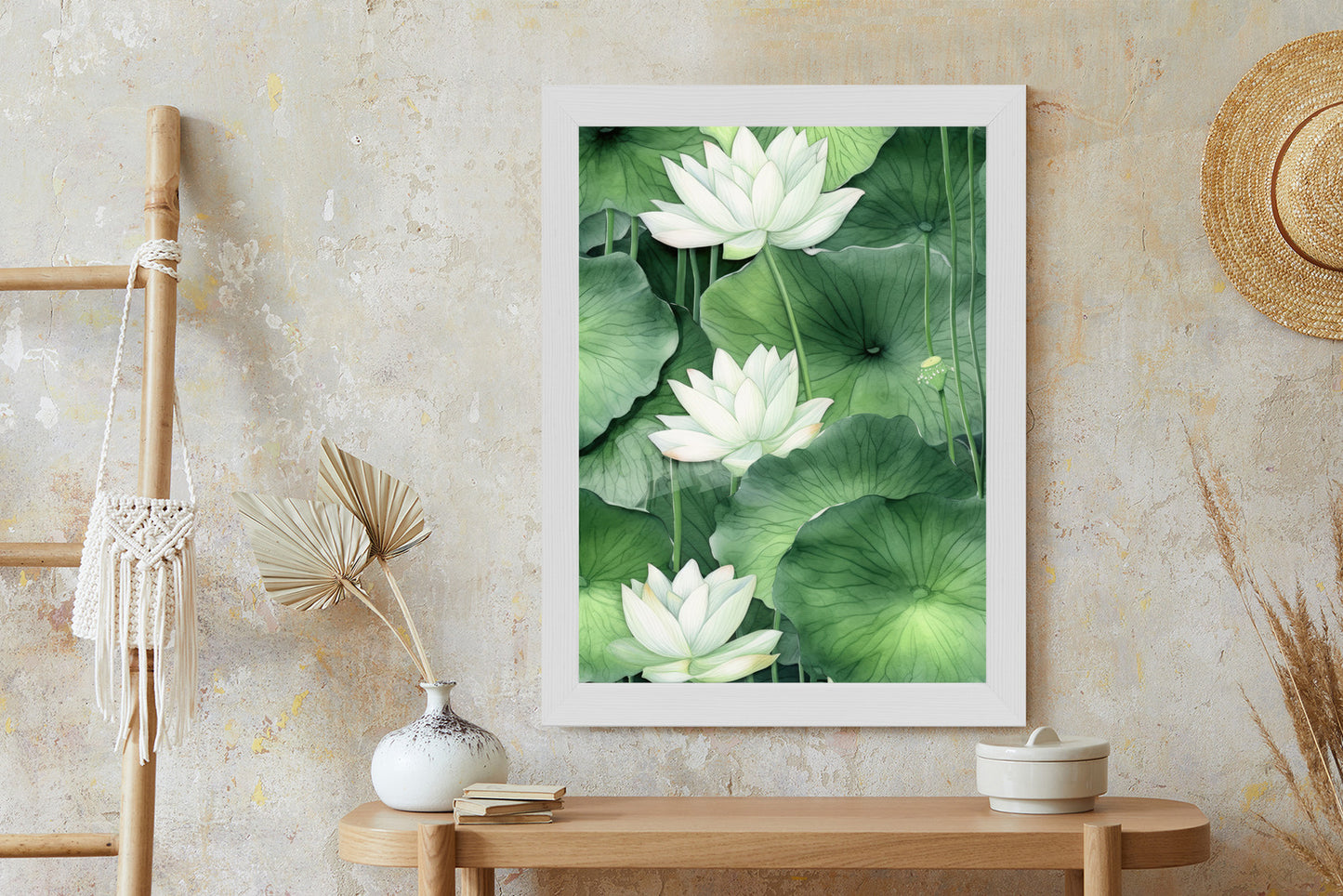 Poster Lotusblume Zwischen Grünen Blättern Rahmen Holz Mit Passepartout Farbe Natürlich