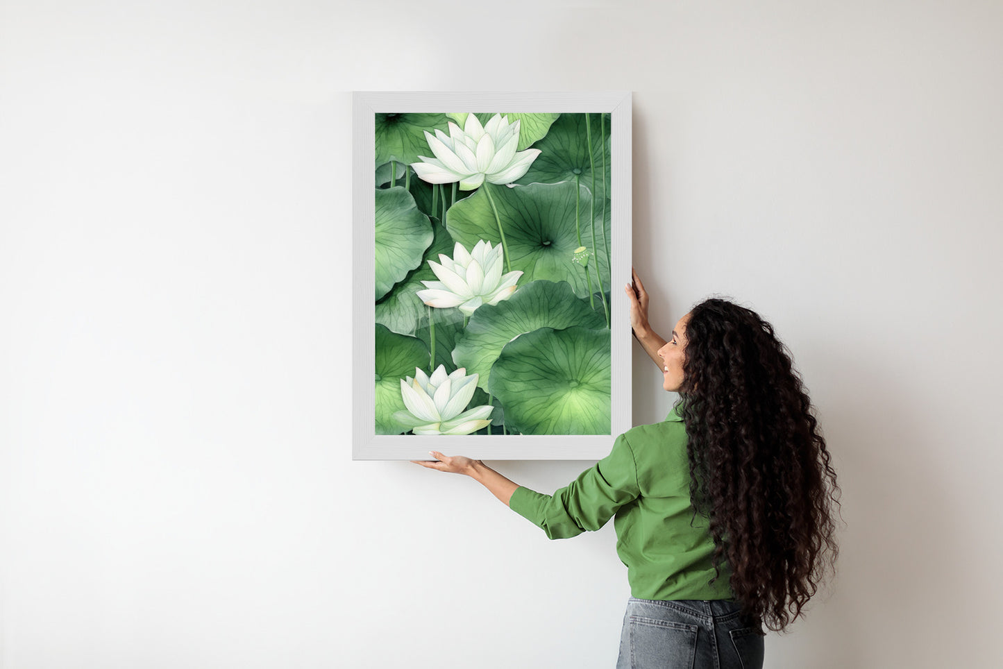 Poster Lotusblume Zwischen Grünen Blättern Rahmen Holz Mit Passepartout Farbe Natürlich