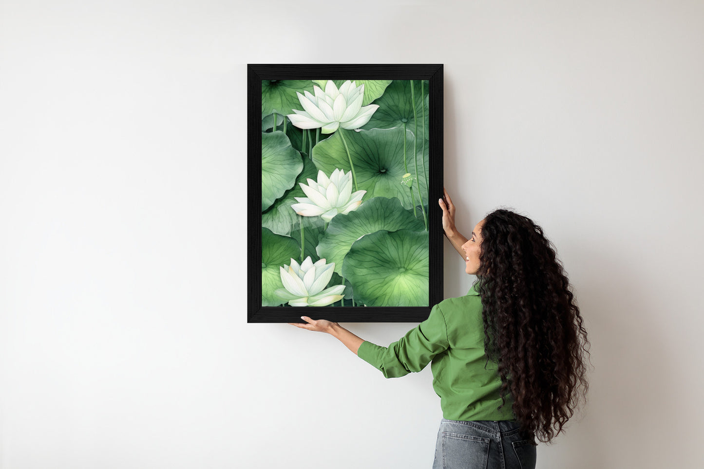Poster Lotusblume Zwischen Grünen Blättern Rahmen Holz Mit Passepartout Farbe Natürlich