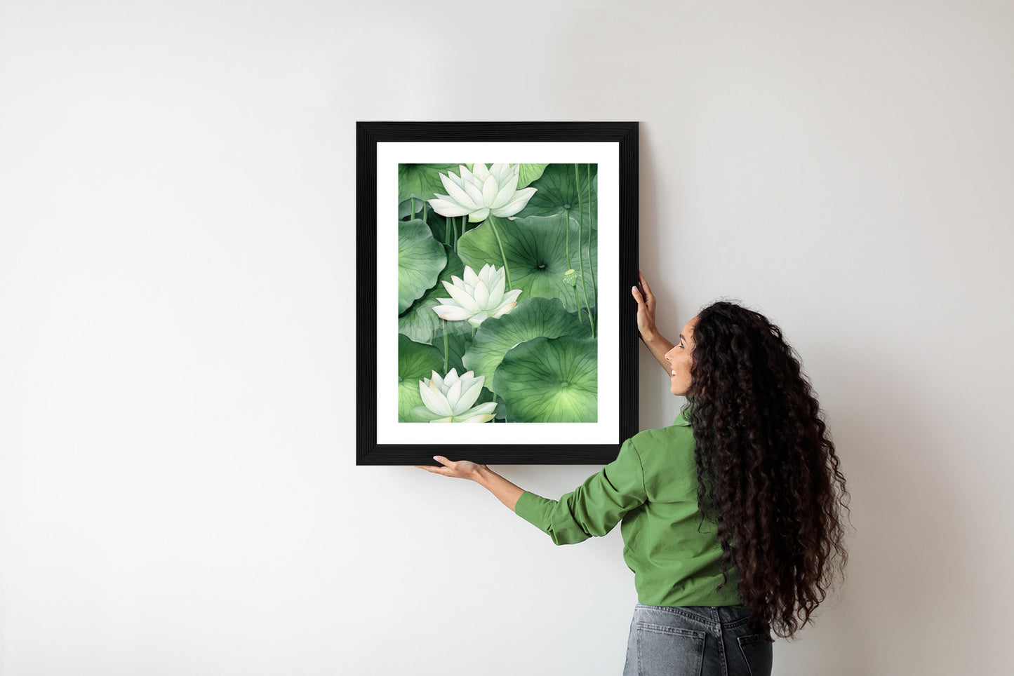 Poster Lotusblume Zwischen Grünen Blättern Rahmen Holz Mit Passepartout Farbe Natürlich