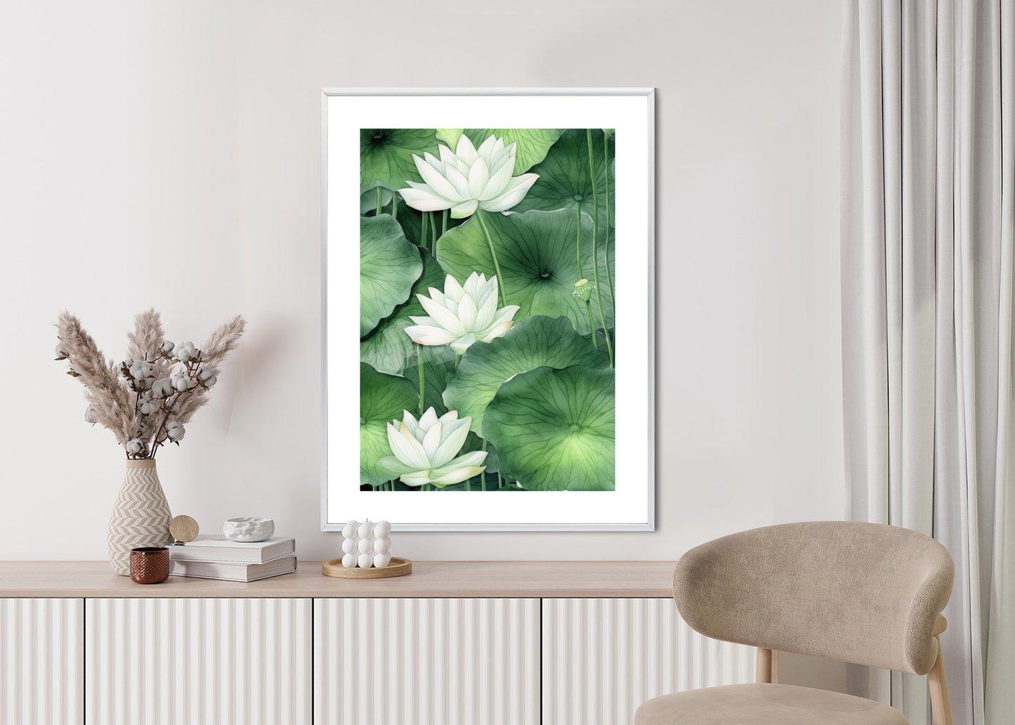Poster Lotusblume Zwischen Grünen Blättern Rahmen Holz Mit Passepartout Farbe Natürlich