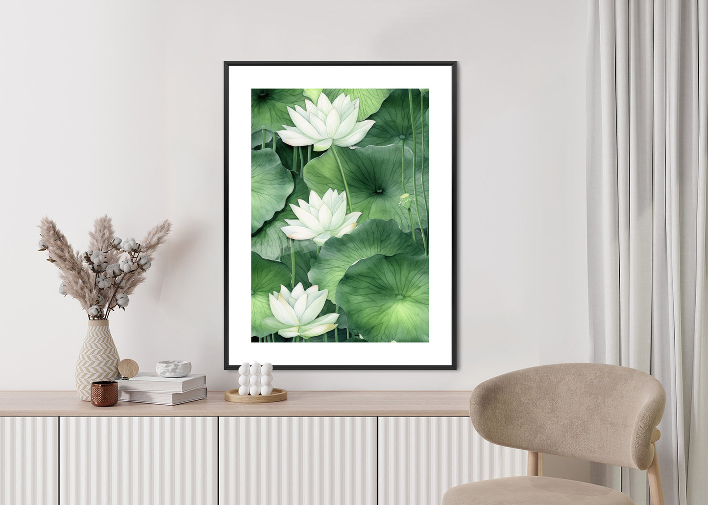 Poster Lotusblume Zwischen Grünen Blättern Rahmen Holz Mit Passepartout Farbe Natürlich
