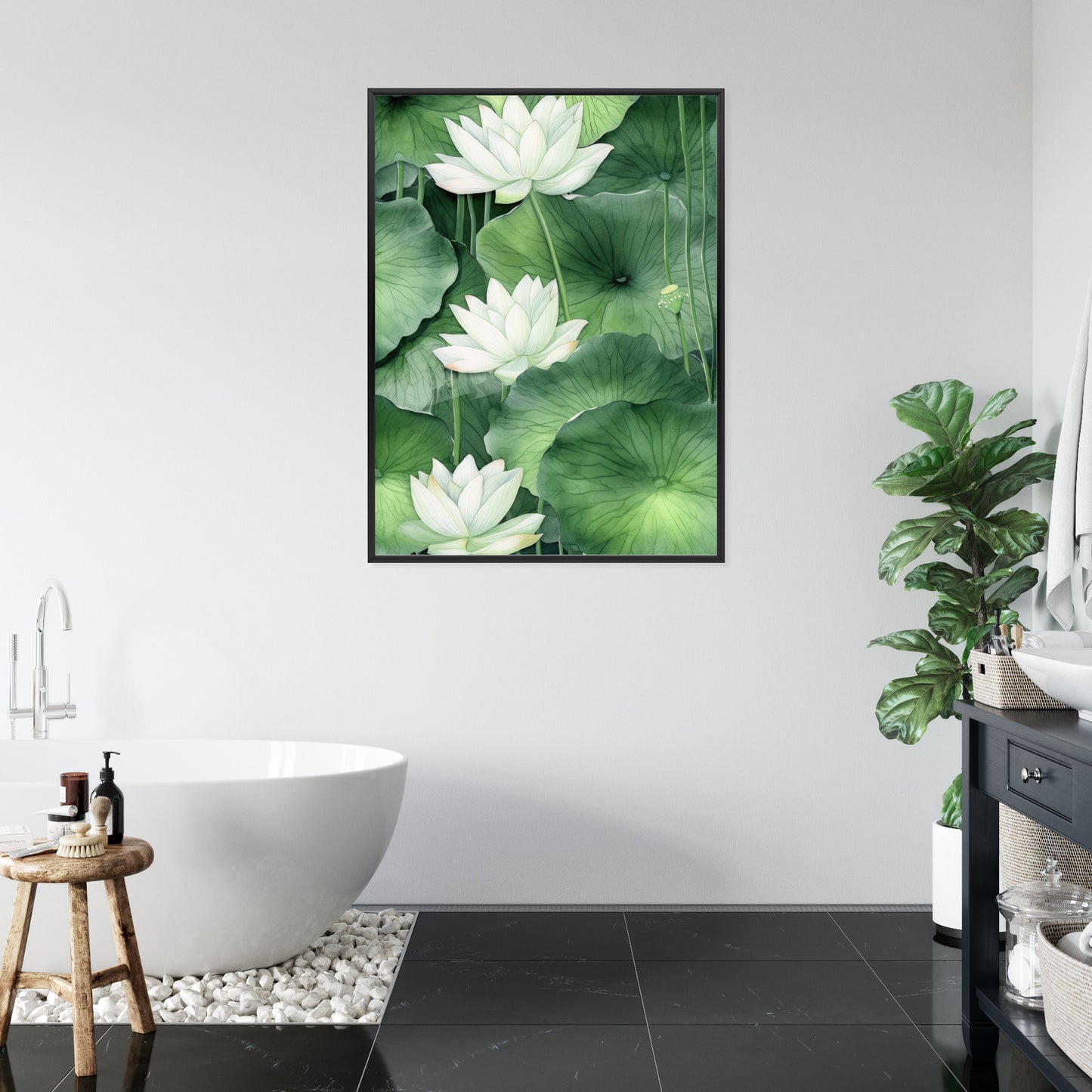 Poster Lotusblume Zwischen Grünen Blättern Rahmen Holz Mit Passepartout Farbe Natürlich