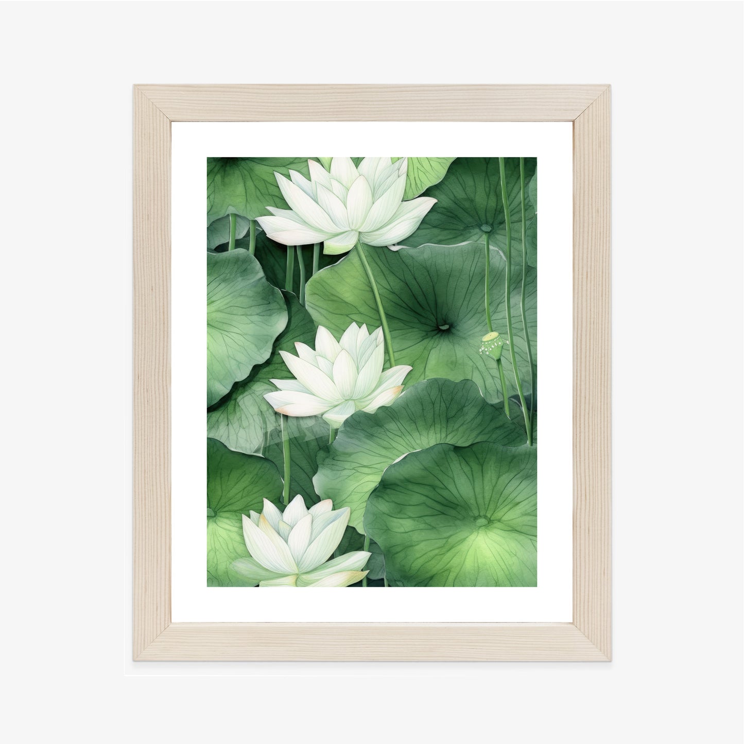 Poster Lotusblume Zwischen Grünen Blättern Rahmen Holz Mit Passepartout Farbe Natürlich