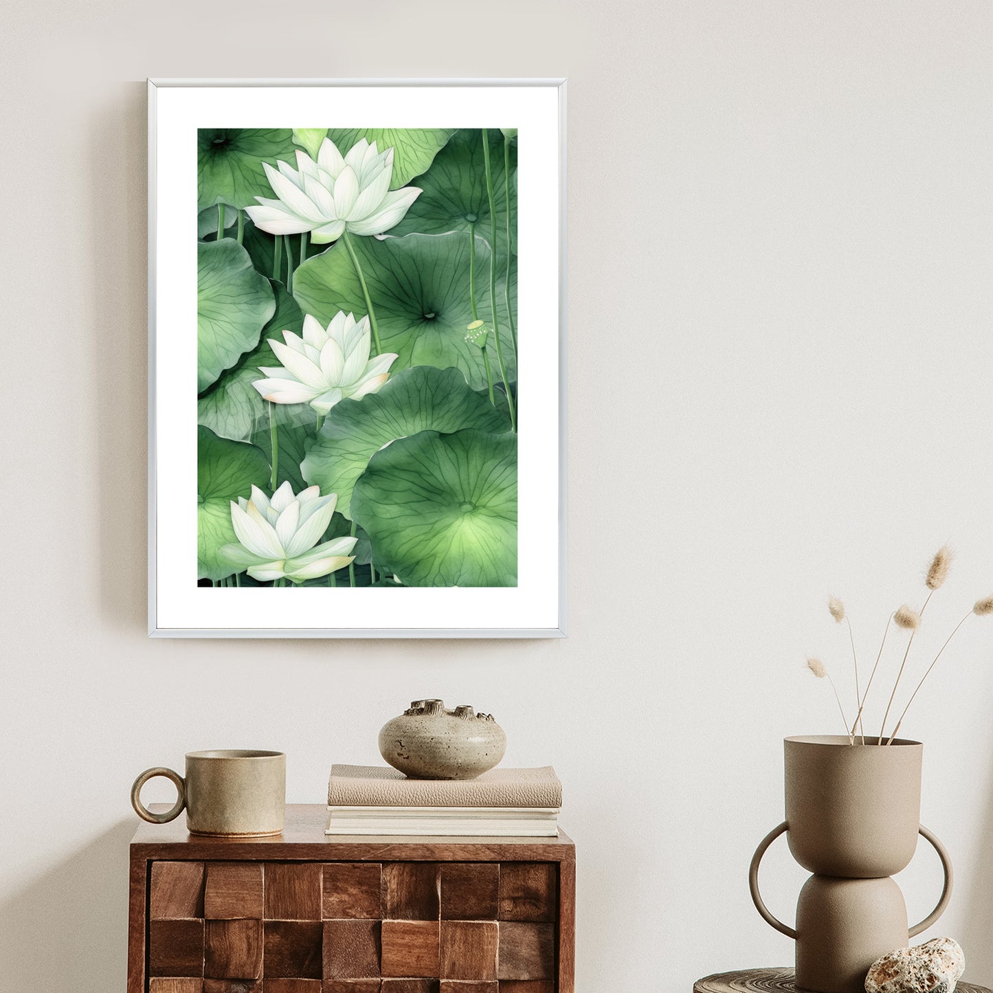 Poster Lotusblume Zwischen Grünen Blättern Rahmen Holz Mit Passepartout Farbe Natürlich