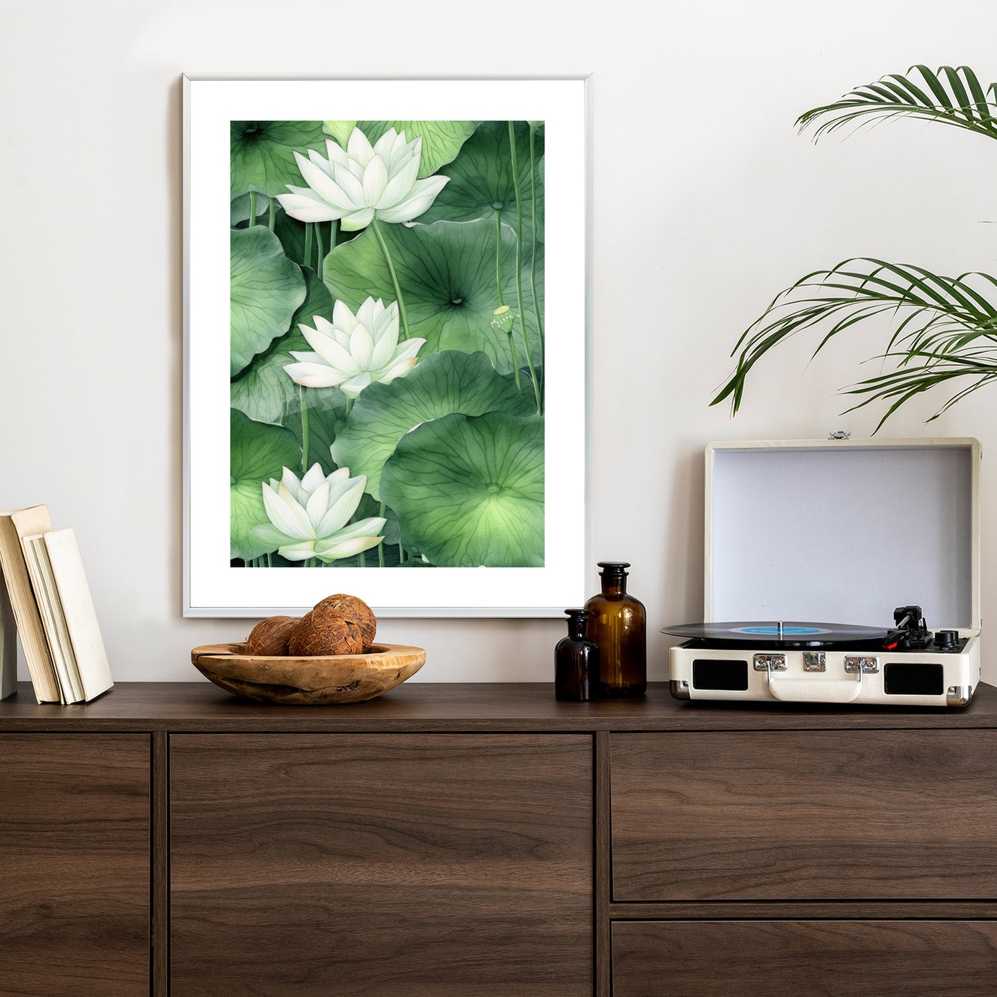 Poster Lotusblume Zwischen Grünen Blättern Rahmen Holz Mit Passepartout Farbe Natürlich