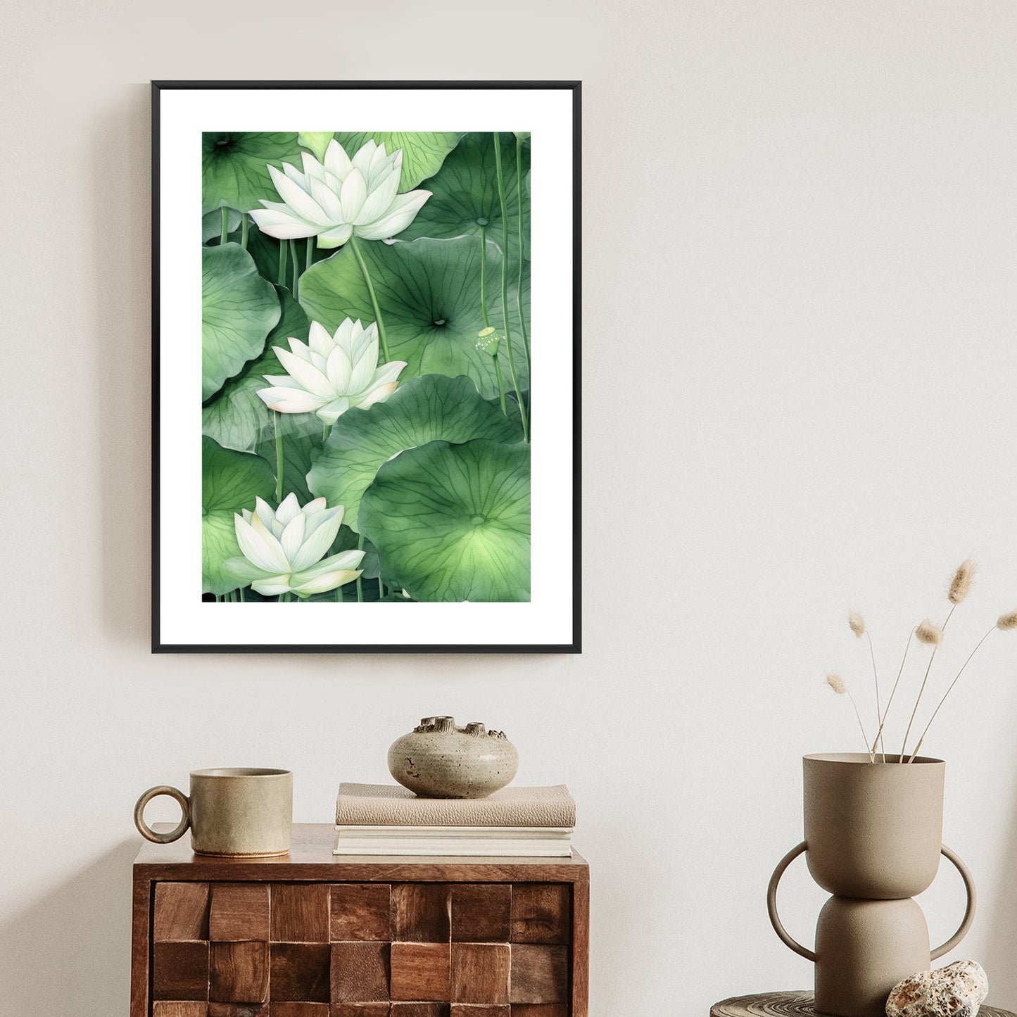 Poster Lotusblume Zwischen Grünen Blättern Rahmen Holz Mit Passepartout Farbe Natürlich