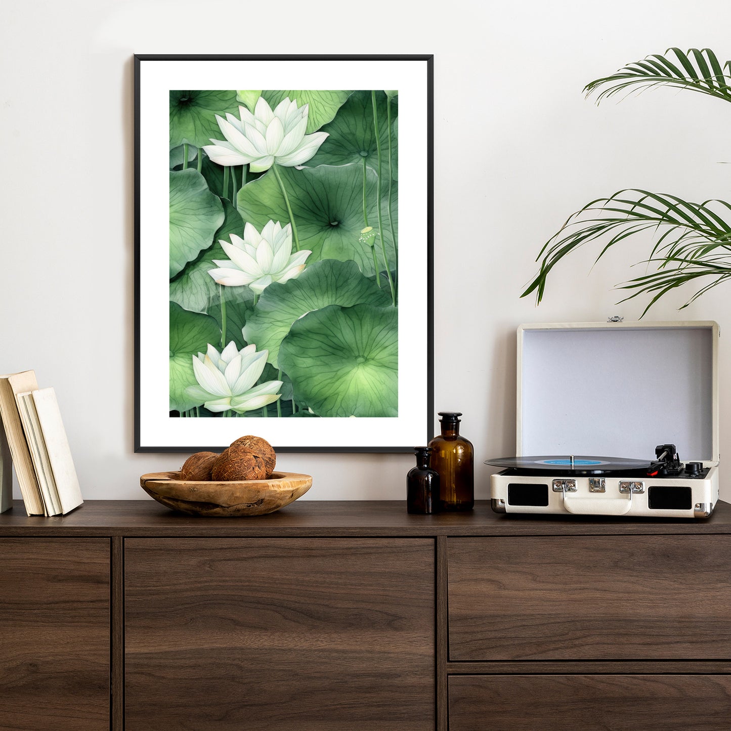 Poster Lotusblume Zwischen Grünen Blättern Rahmen Holz Mit Passepartout Farbe Natürlich