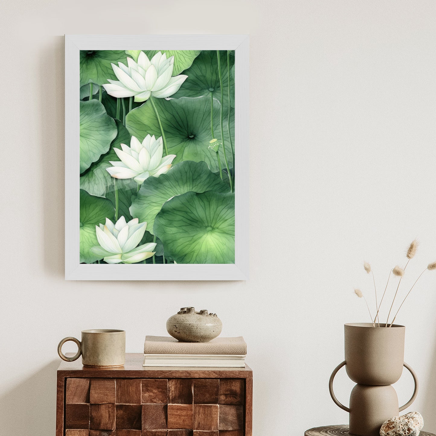 Poster Lotusblume Zwischen Grünen Blättern Rahmen Holz Mit Passepartout Farbe Natürlich