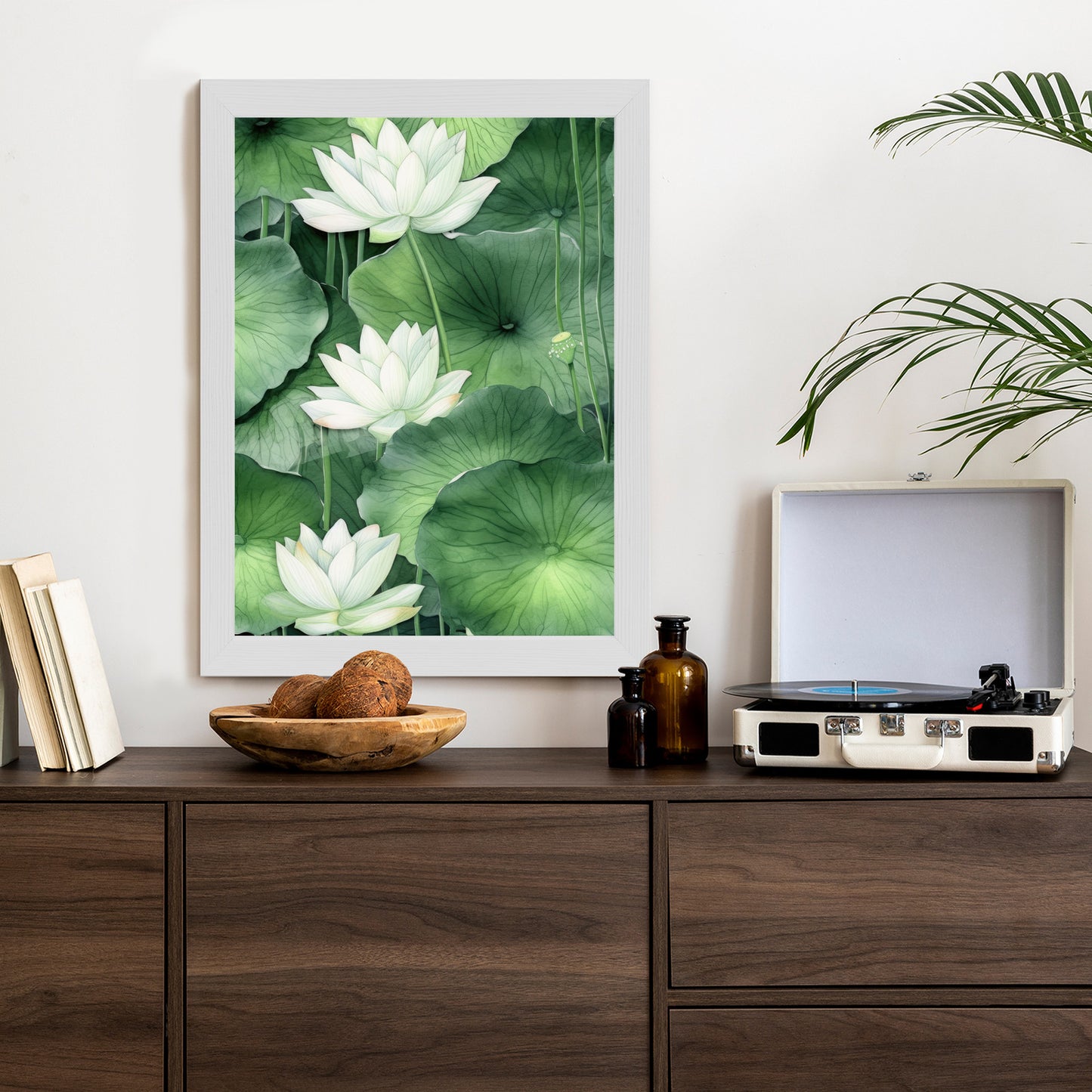 Poster Lotusblume Zwischen Grünen Blättern Rahmen Holz Mit Passepartout Farbe Natürlich