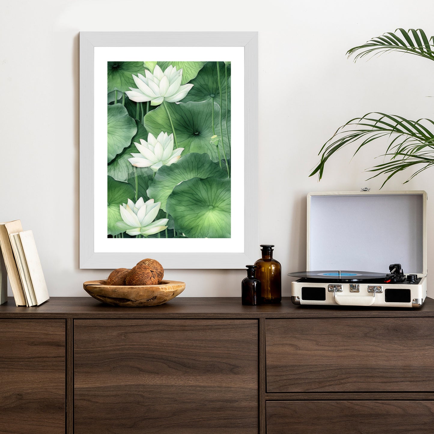 Poster Lotusblume Zwischen Grünen Blättern Rahmen Holz Mit Passepartout Farbe Natürlich