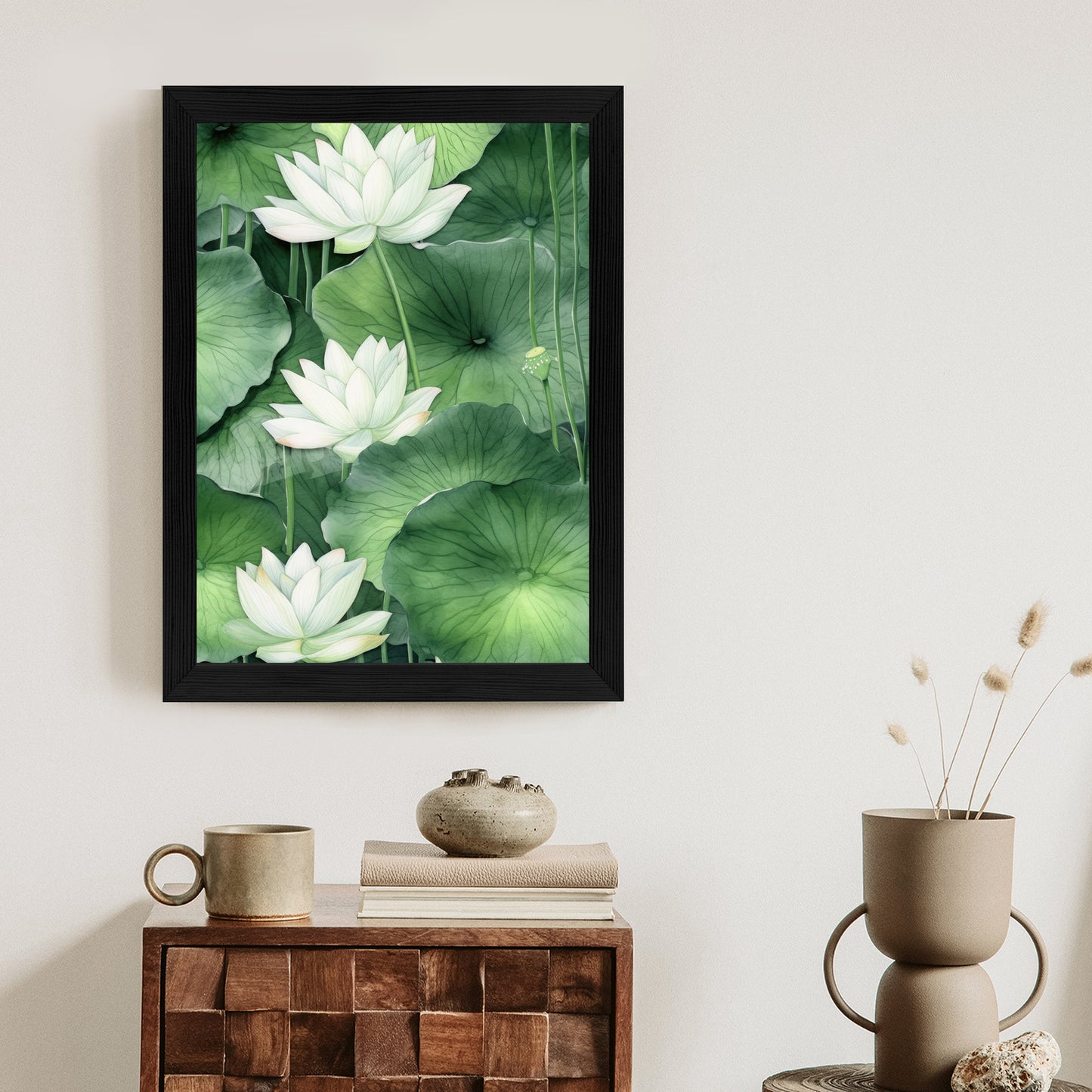 Poster Lotusblume Zwischen Grünen Blättern Rahmen Holz Mit Passepartout Farbe Natürlich