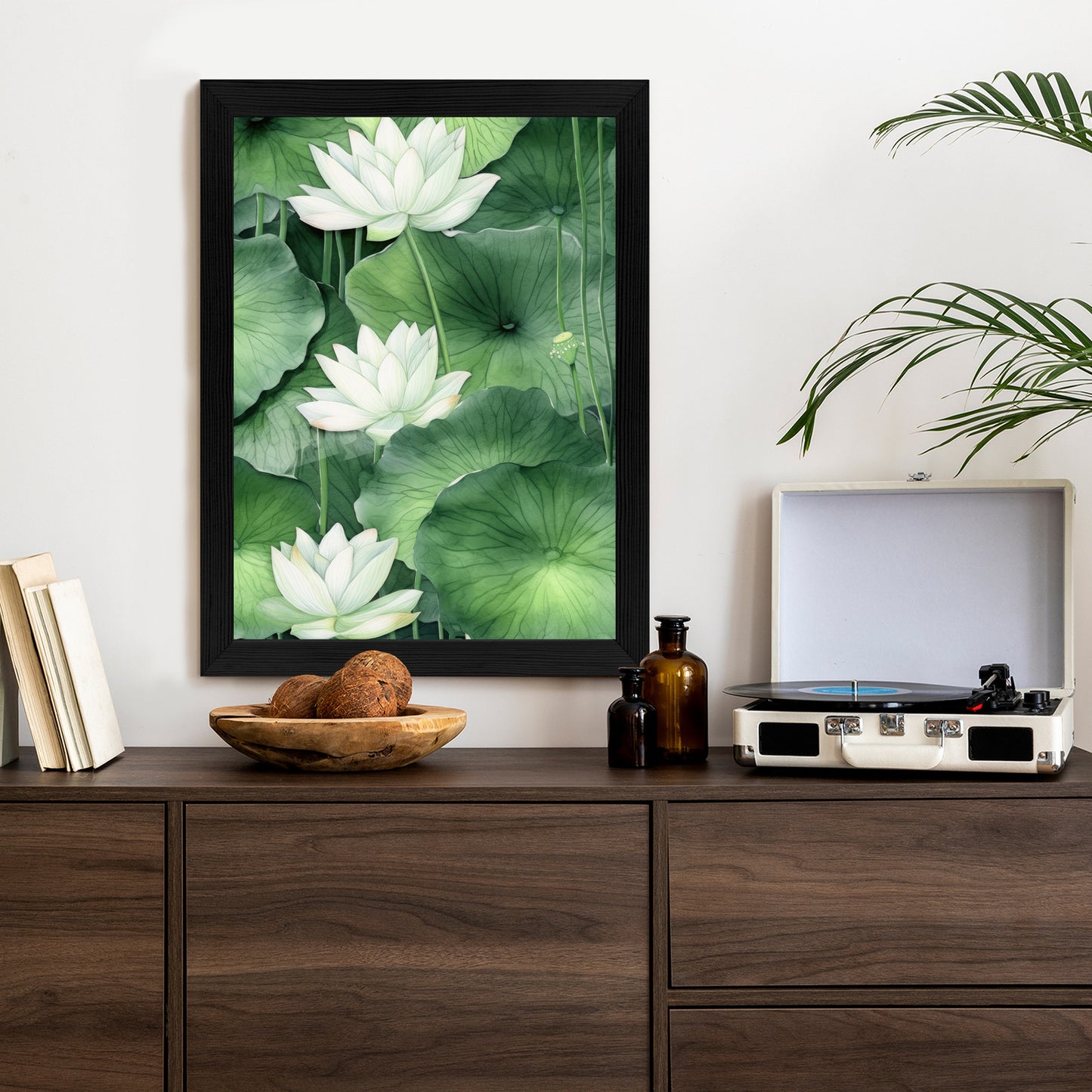 Poster Lotusblume Zwischen Grünen Blättern Rahmen Holz Mit Passepartout Farbe Natürlich