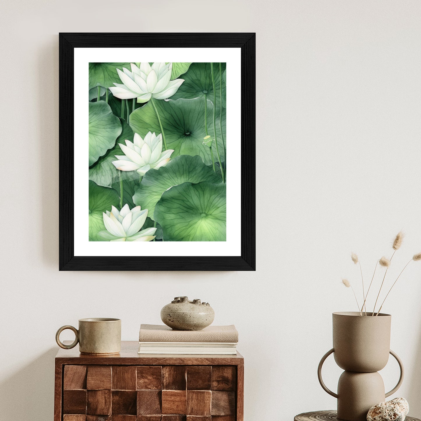 Poster Lotusblume Zwischen Grünen Blättern Rahmen Holz Mit Passepartout Farbe Natürlich