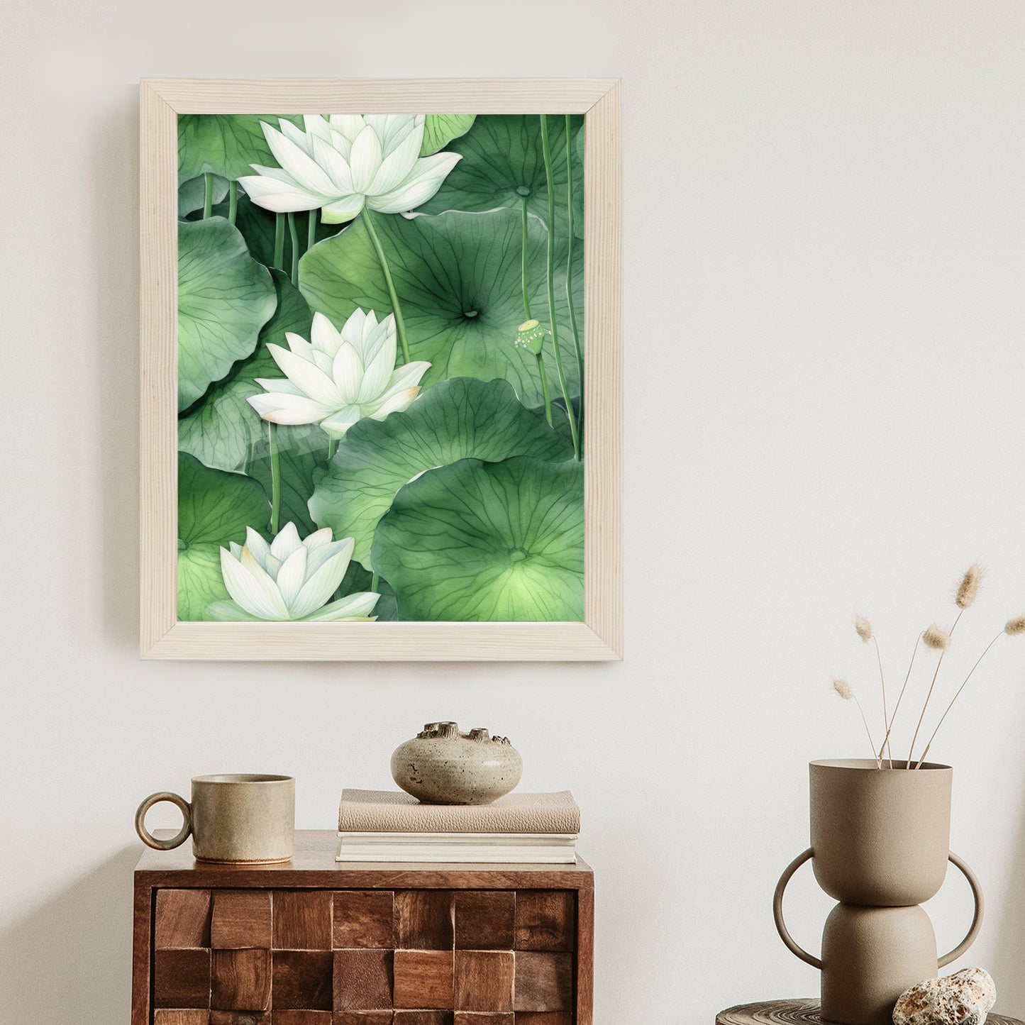 Poster Lotusblume Zwischen Grünen Blättern Rahmen Holz Mit Passepartout Farbe Natürlich