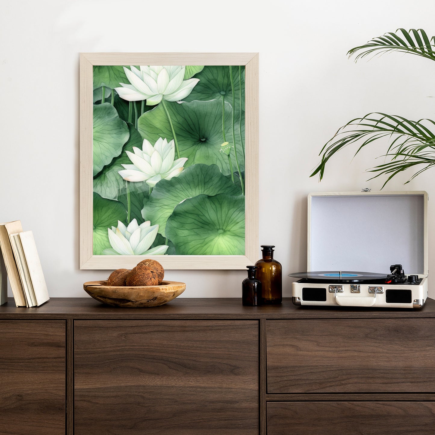 Poster Lotusblume Zwischen Grünen Blättern Rahmen Holz Mit Passepartout Farbe Natürlich