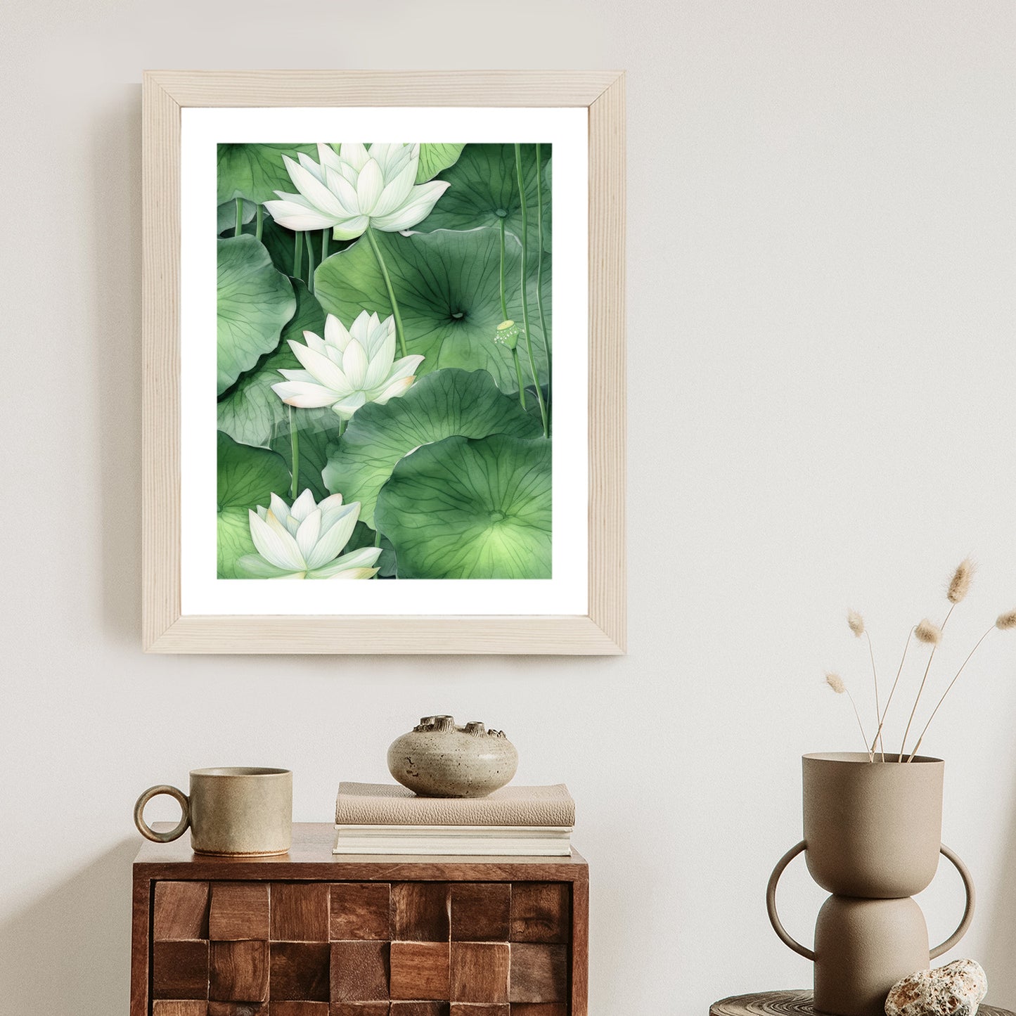 Poster Lotusblume Zwischen Grünen Blättern Rahmen Holz Mit Passepartout Farbe Natürlich