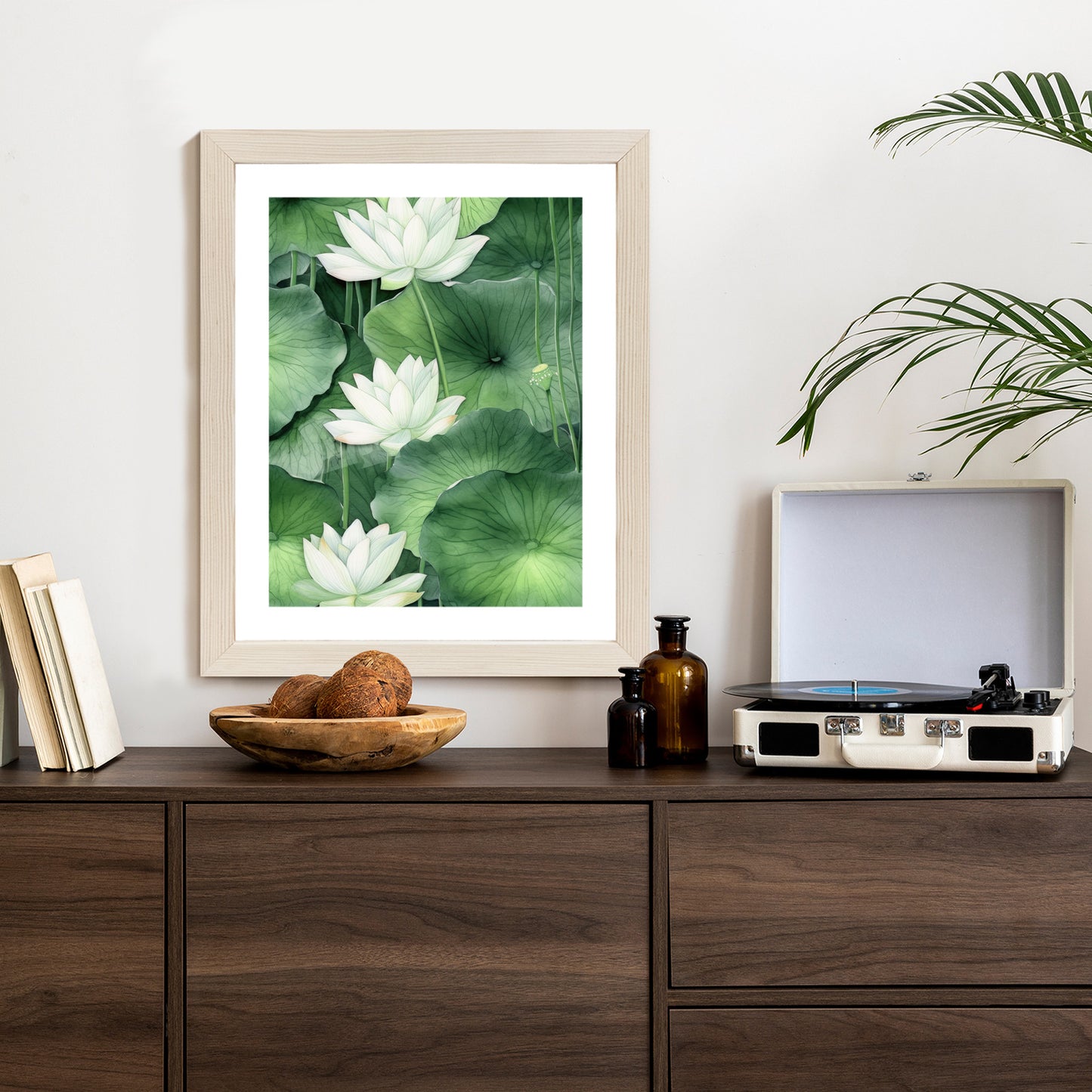 Poster Lotusblume Zwischen Grünen Blättern Rahmen Holz Mit Passepartout Farbe Natürlich