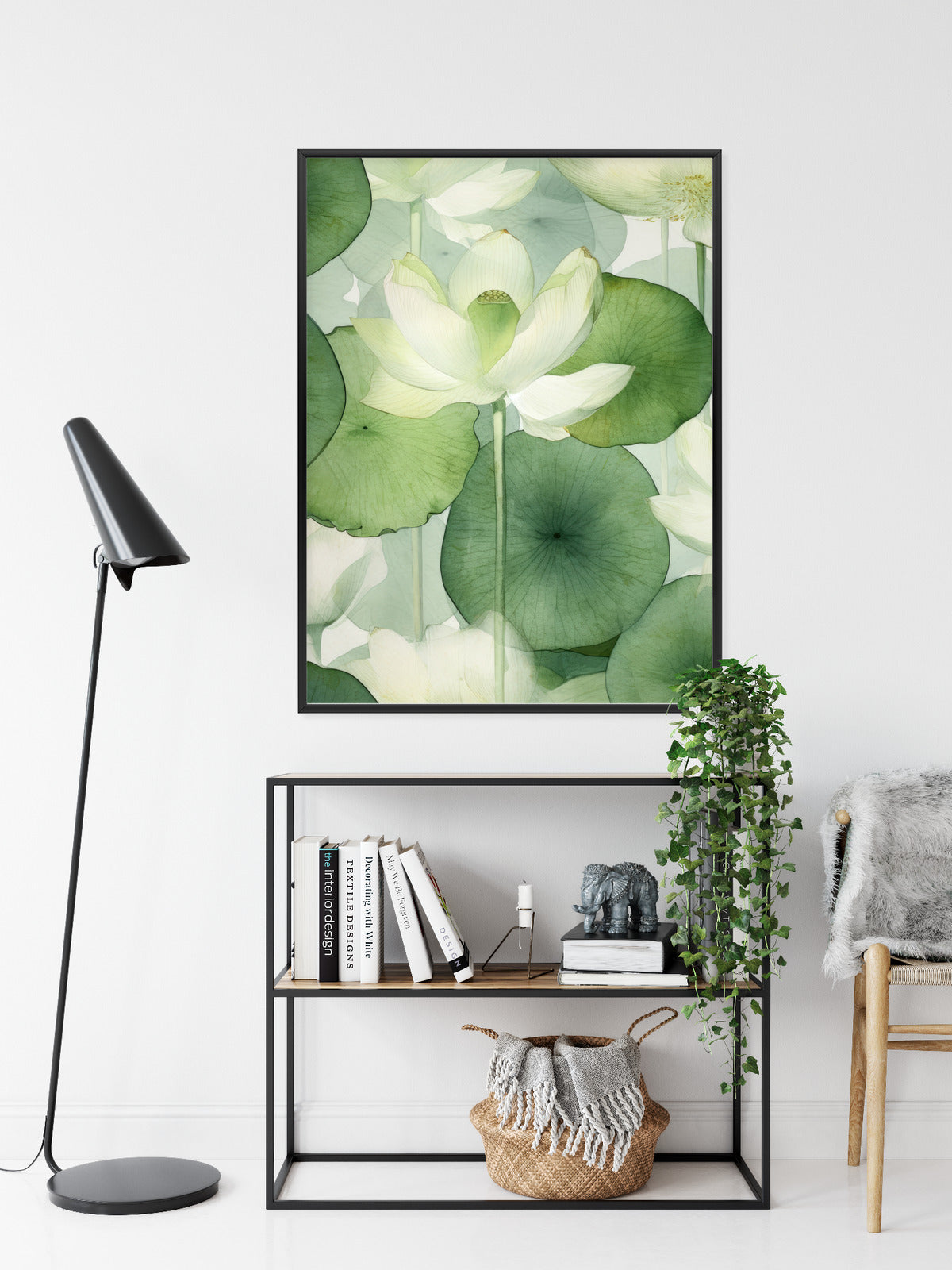 Poster Weiße Lotusblume Und Grüne Blätter Aquarell Rahmen Holz Mit Passepartout Farbe Natürlich