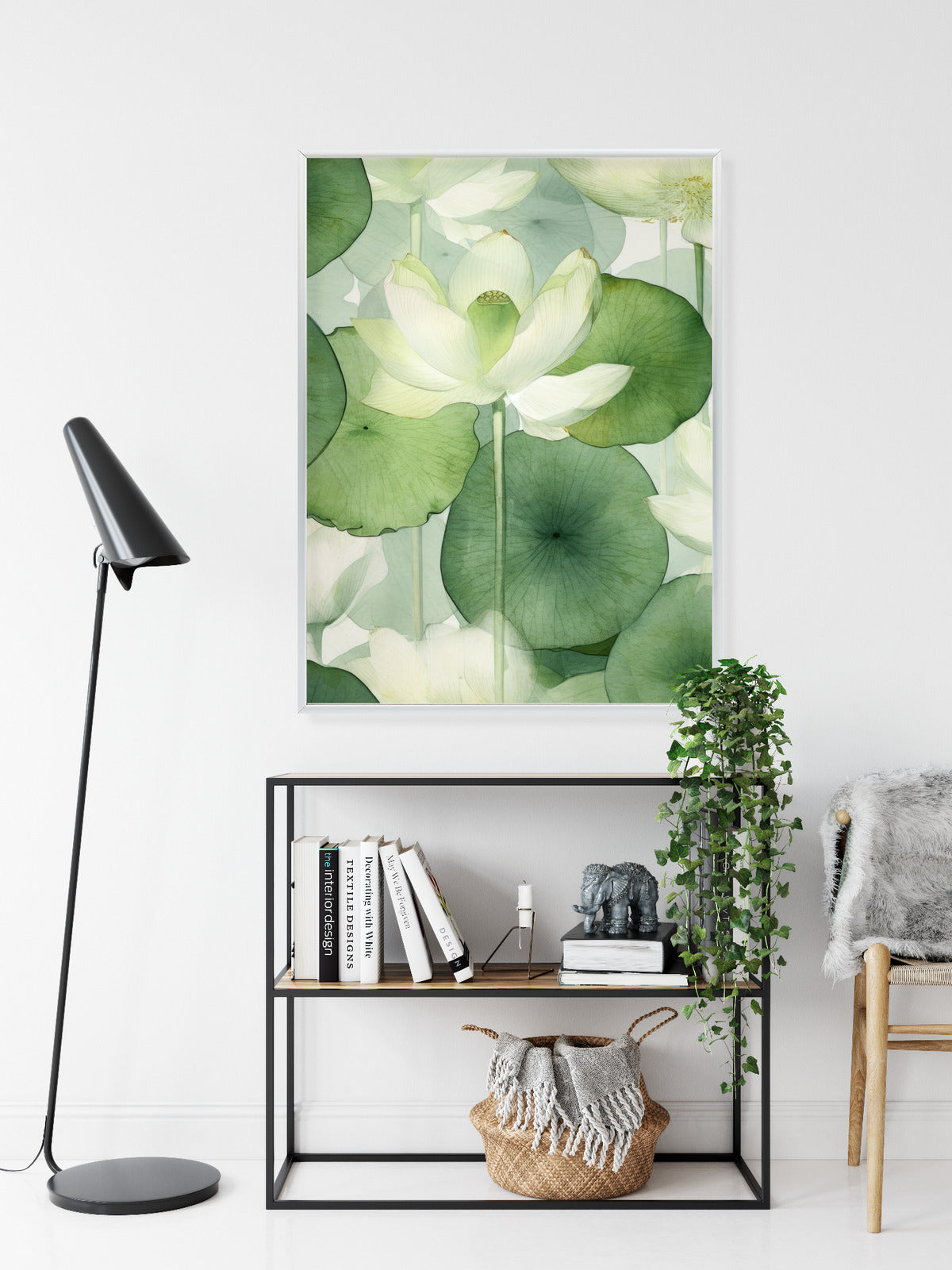 Poster Weiße Lotusblume Und Grüne Blätter Aquarell Rahmen Holz Mit Passepartout Farbe Natürlich