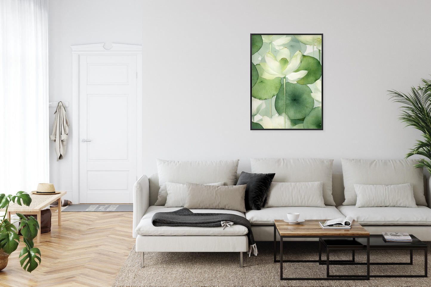 Poster Weiße Lotusblume Und Grüne Blätter Aquarell Rahmen Holz Mit Passepartout Farbe Natürlich