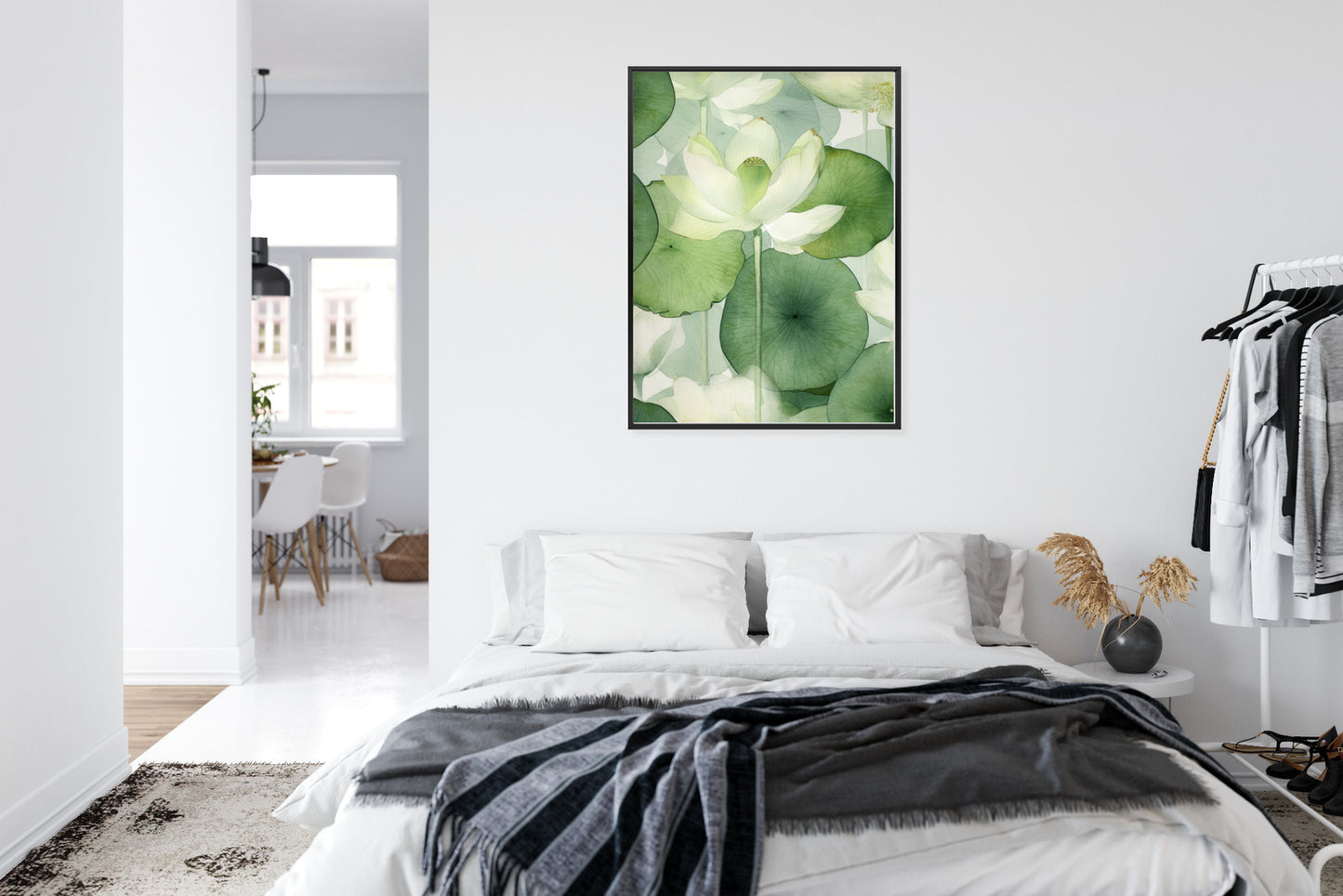 Poster Weiße Lotusblume Und Grüne Blätter Aquarell Rahmen Holz Mit Passepartout Farbe Natürlich