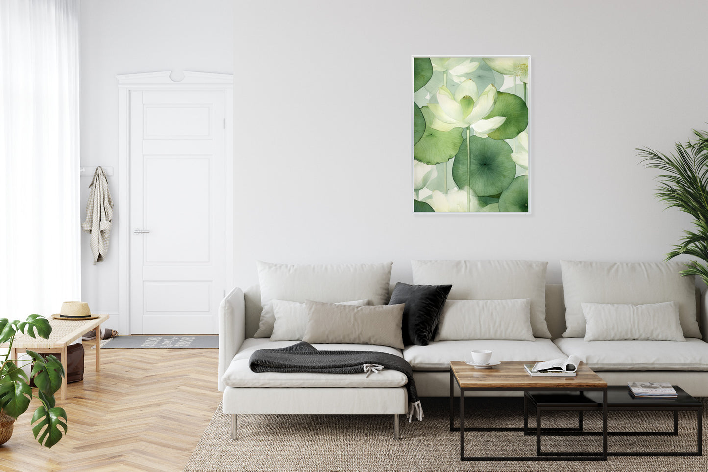 Poster Weiße Lotusblume Und Grüne Blätter Aquarell Rahmen Holz Mit Passepartout Farbe Natürlich