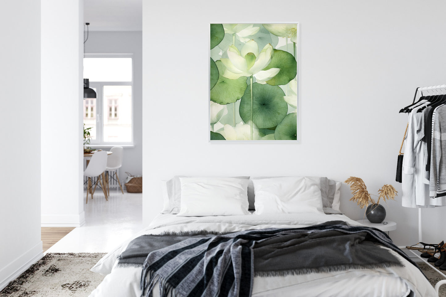 Poster Weiße Lotusblume Und Grüne Blätter Aquarell Rahmen Holz Mit Passepartout Farbe Natürlich