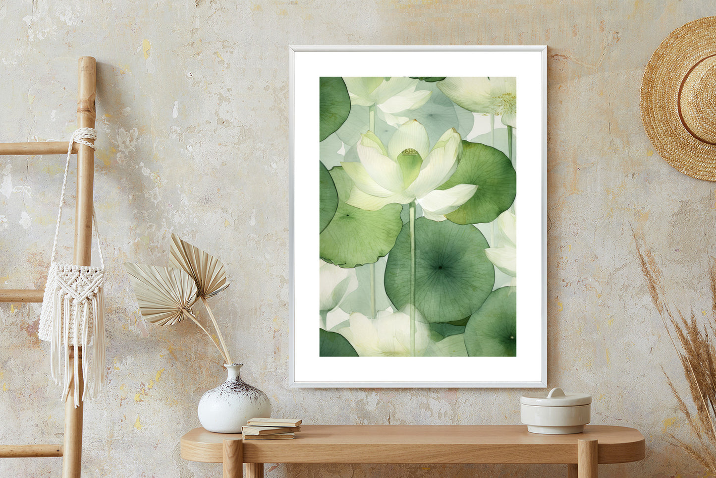 Poster Weiße Lotusblume Und Grüne Blätter Aquarell Rahmen Holz Mit Passepartout Farbe Natürlich