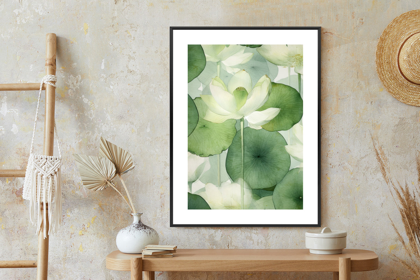 Poster Weiße Lotusblume Und Grüne Blätter Aquarell Rahmen Holz Mit Passepartout Farbe Natürlich