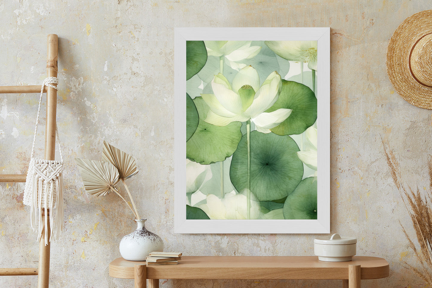 Poster Weiße Lotusblume Und Grüne Blätter Aquarell Rahmen Holz Mit Passepartout Farbe Natürlich