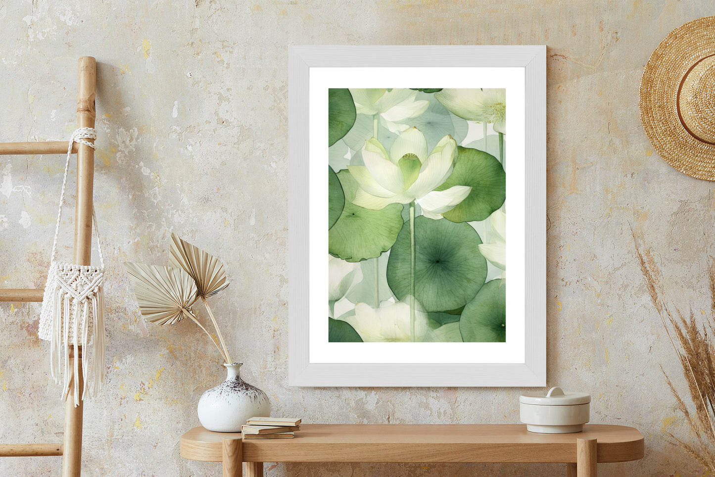 Poster Weiße Lotusblume Und Grüne Blätter Aquarell Rahmen Holz Mit Passepartout Farbe Natürlich