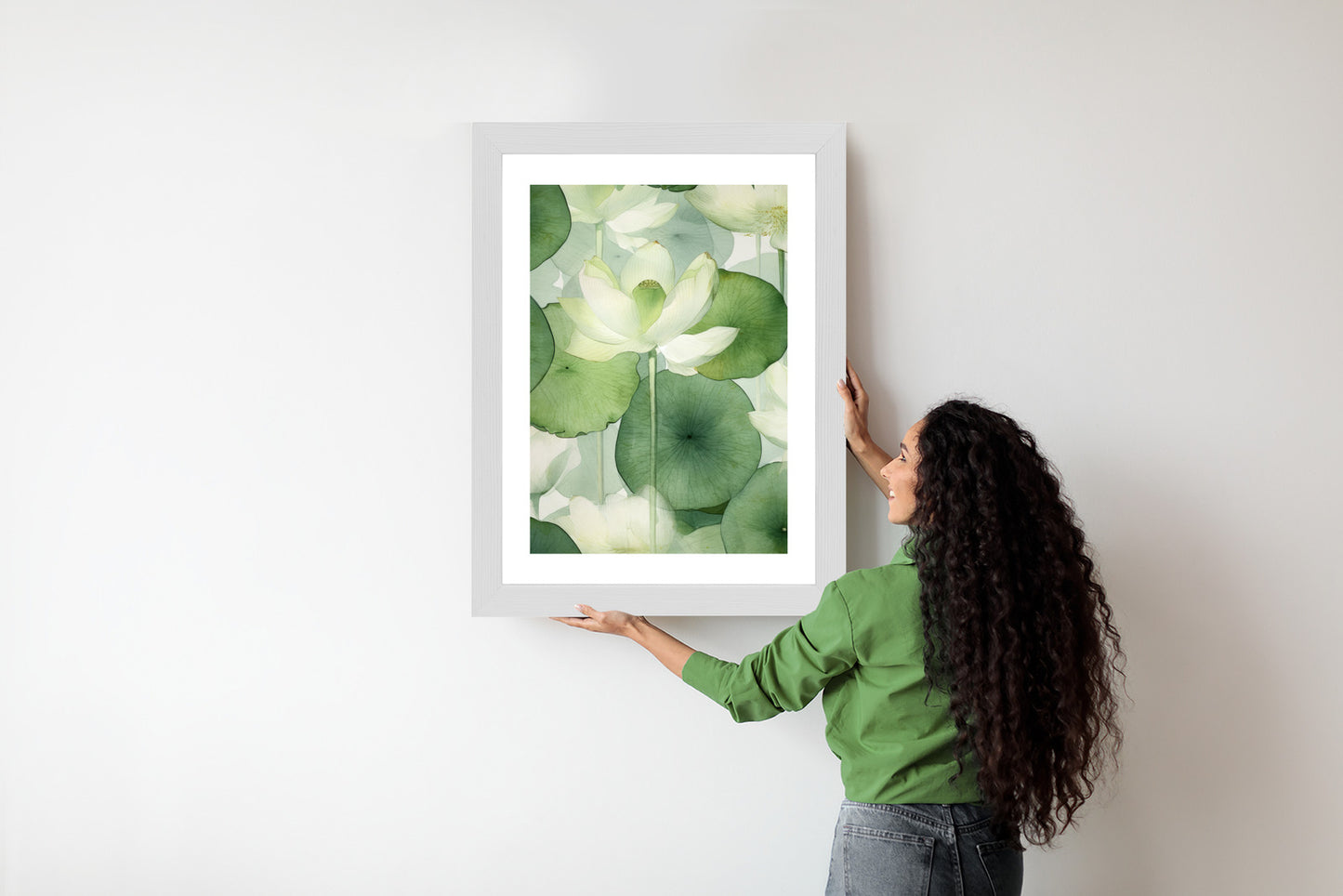 Poster Weiße Lotusblume Und Grüne Blätter Aquarell Rahmen Holz Mit Passepartout Farbe Natürlich