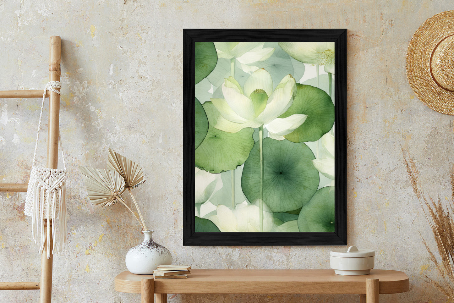 Poster Weiße Lotusblume Und Grüne Blätter Aquarell Rahmen Holz Mit Passepartout Farbe Natürlich