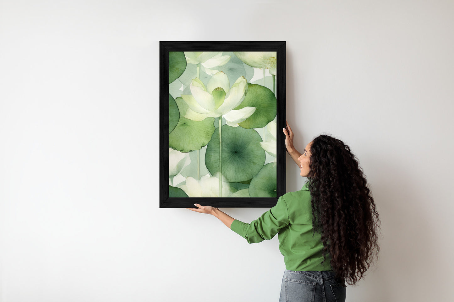 Poster Weiße Lotusblume Und Grüne Blätter Aquarell Rahmen Holz Mit Passepartout Farbe Natürlich