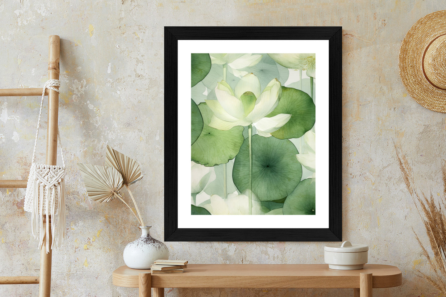 Poster Weiße Lotusblume Und Grüne Blätter Aquarell Rahmen Holz Mit Passepartout Farbe Natürlich