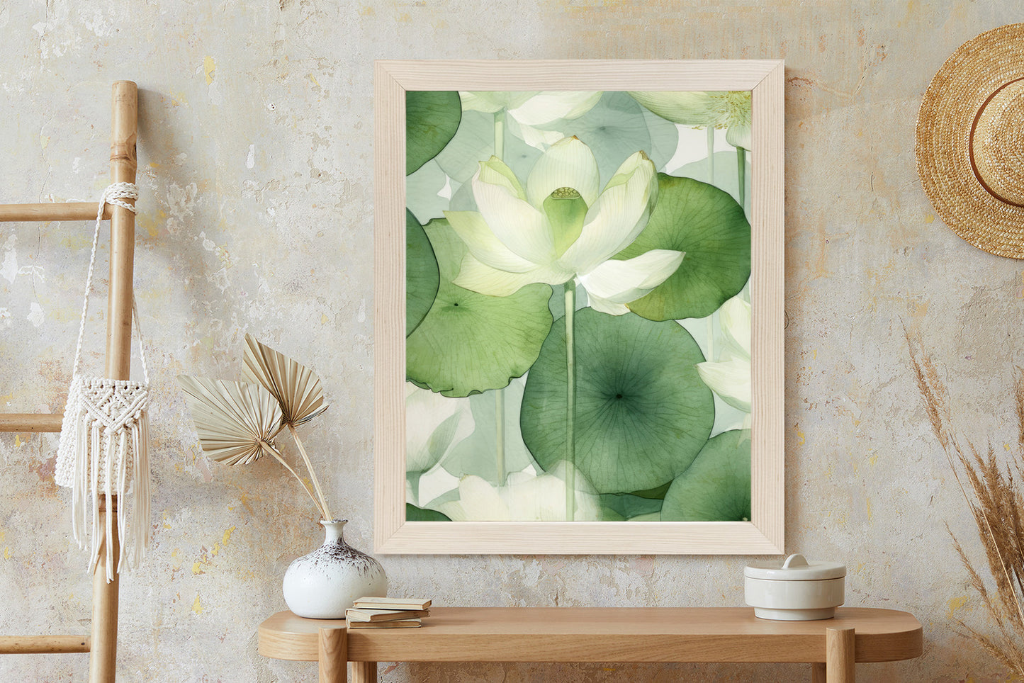 Poster Weiße Lotusblume Und Grüne Blätter Aquarell Rahmen Holz Mit Passepartout Farbe Natürlich