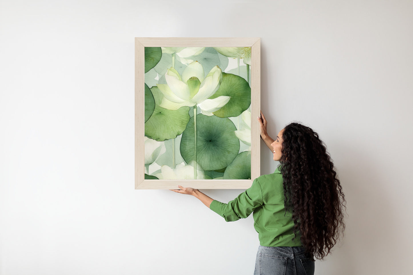 Poster Weiße Lotusblume Und Grüne Blätter Aquarell Rahmen Holz Mit Passepartout Farbe Natürlich