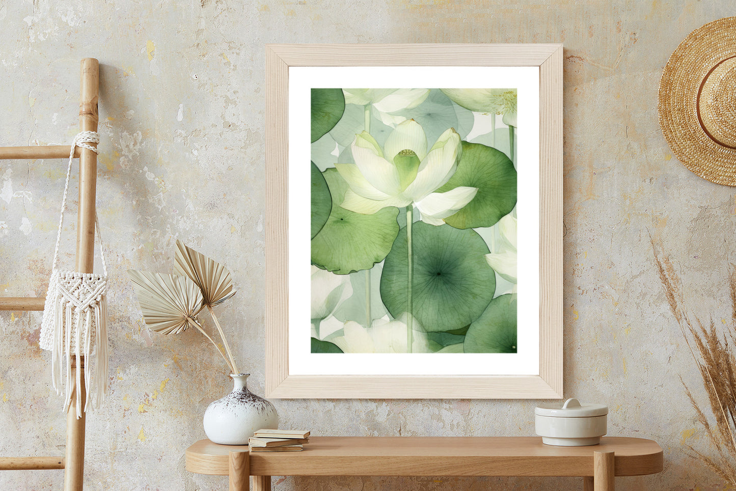 Poster Weiße Lotusblume Und Grüne Blätter Aquarell Rahmen Holz Mit Passepartout Farbe Natürlich