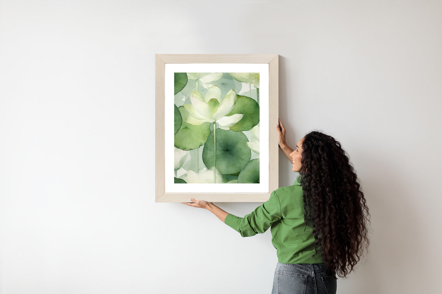 Poster Weiße Lotusblume Und Grüne Blätter Aquarell Rahmen Holz Mit Passepartout Farbe Natürlich