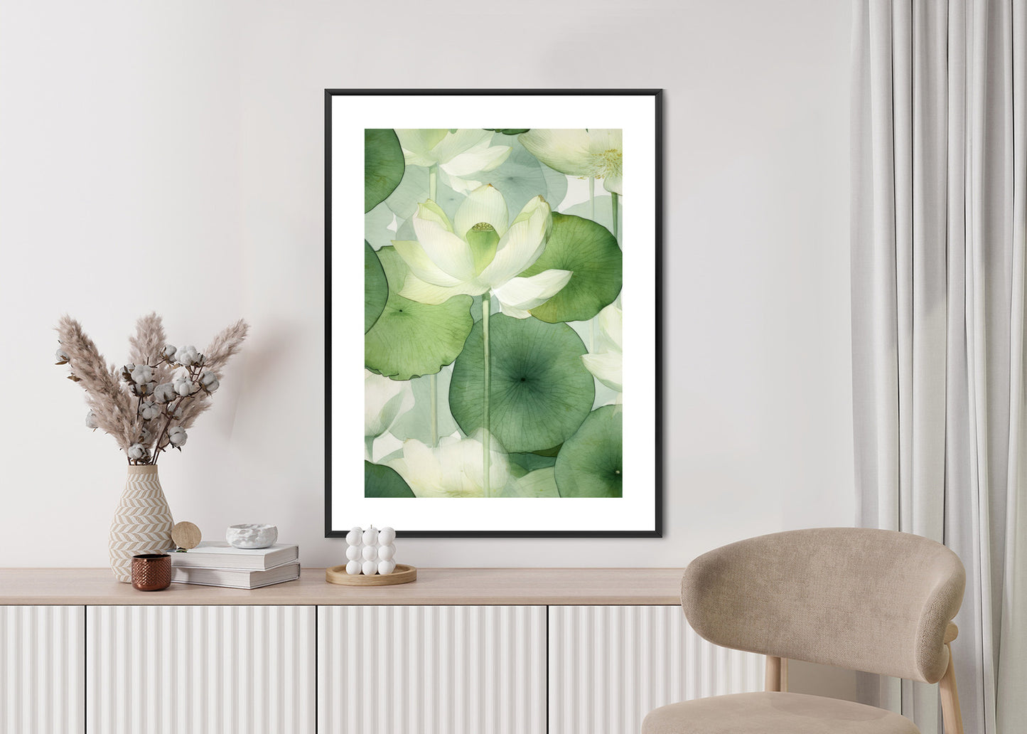 Poster Weiße Lotusblume Und Grüne Blätter Aquarell Rahmen Holz Mit Passepartout Farbe Natürlich