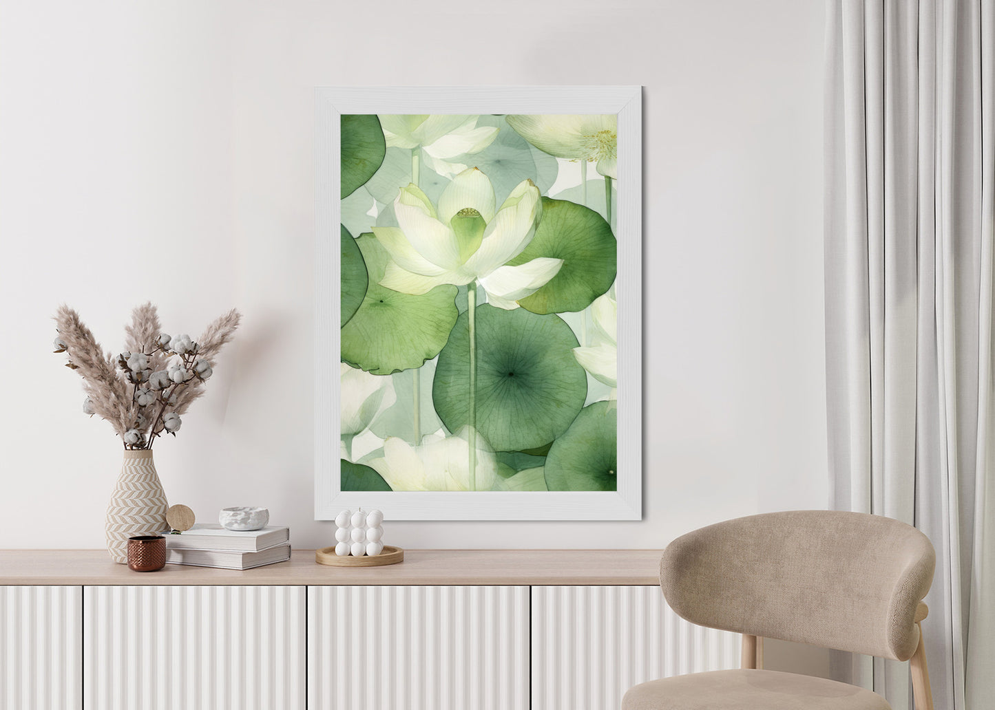 Poster Weiße Lotusblume Und Grüne Blätter Aquarell Rahmen Holz Mit Passepartout Farbe Natürlich