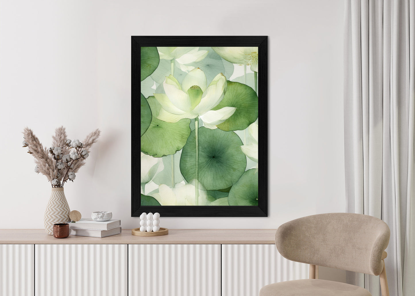 Poster Weiße Lotusblume Und Grüne Blätter Aquarell Rahmen Holz Mit Passepartout Farbe Natürlich