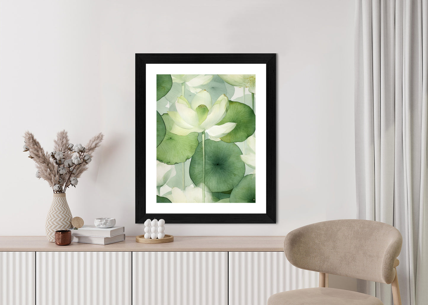 Poster Weiße Lotusblume Und Grüne Blätter Aquarell Rahmen Holz Mit Passepartout Farbe Natürlich