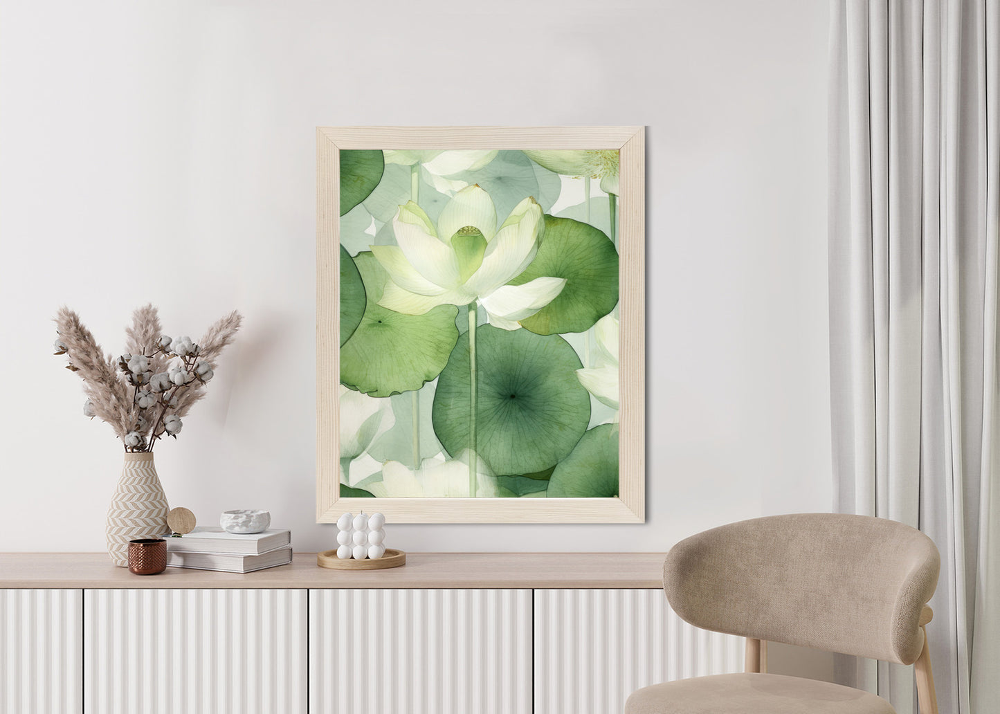 Poster Weiße Lotusblume Und Grüne Blätter Aquarell Rahmen Holz Mit Passepartout Farbe Natürlich