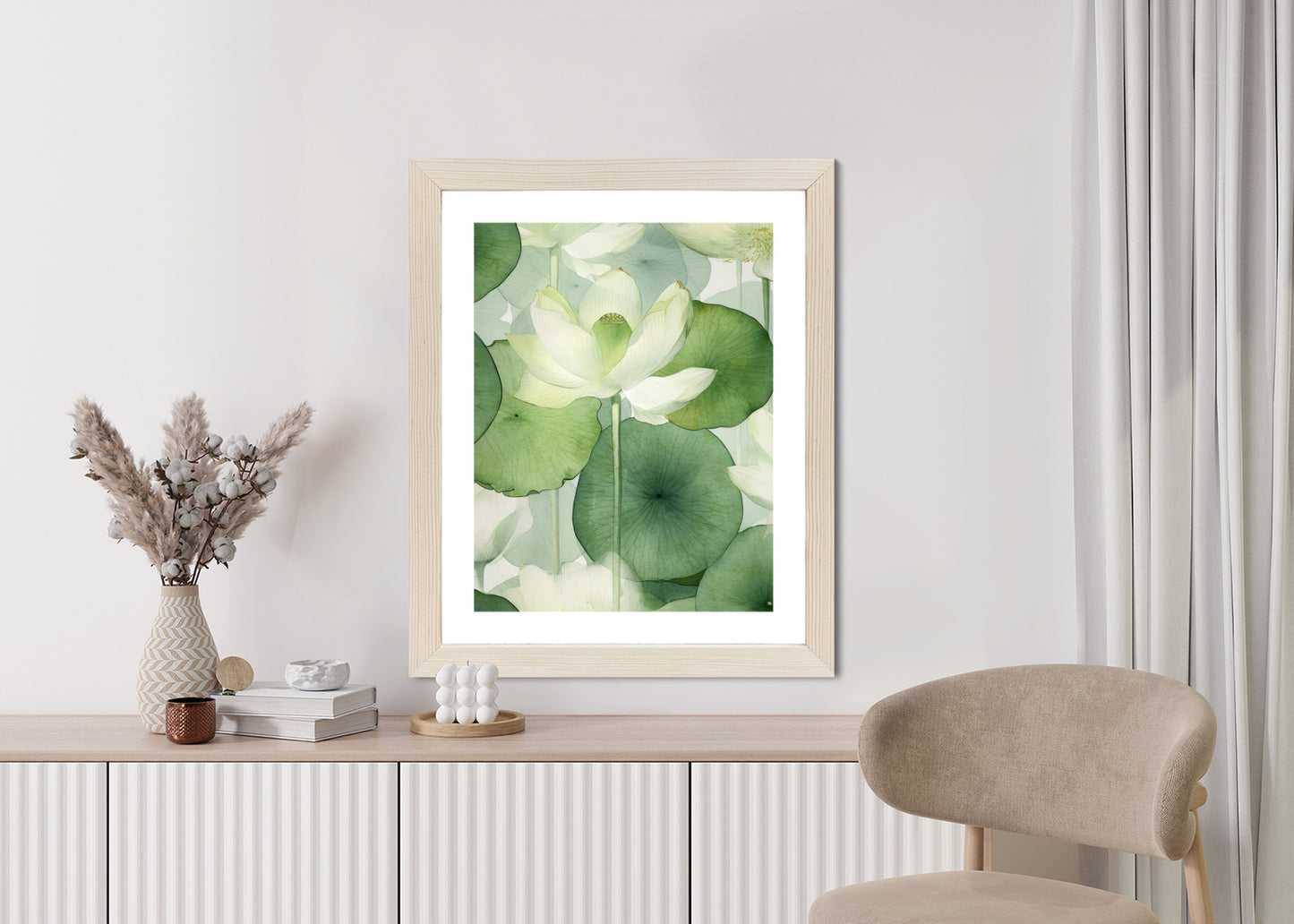 Poster Weiße Lotusblume Und Grüne Blätter Aquarell Rahmen Holz Mit Passepartout Farbe Natürlich