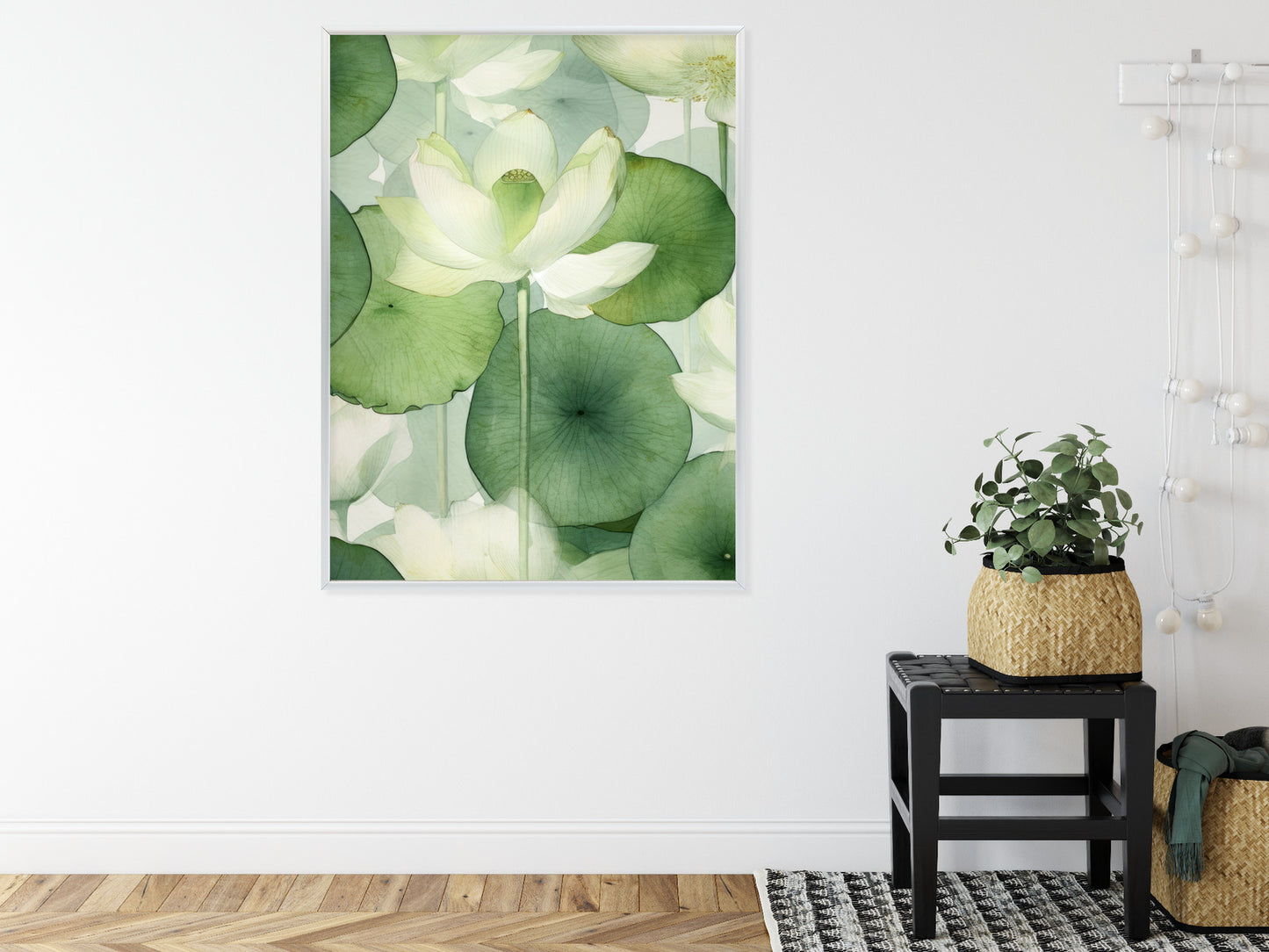 Poster Weiße Lotusblume Und Grüne Blätter Aquarell Rahmen Holz Mit Passepartout Farbe Natürlich