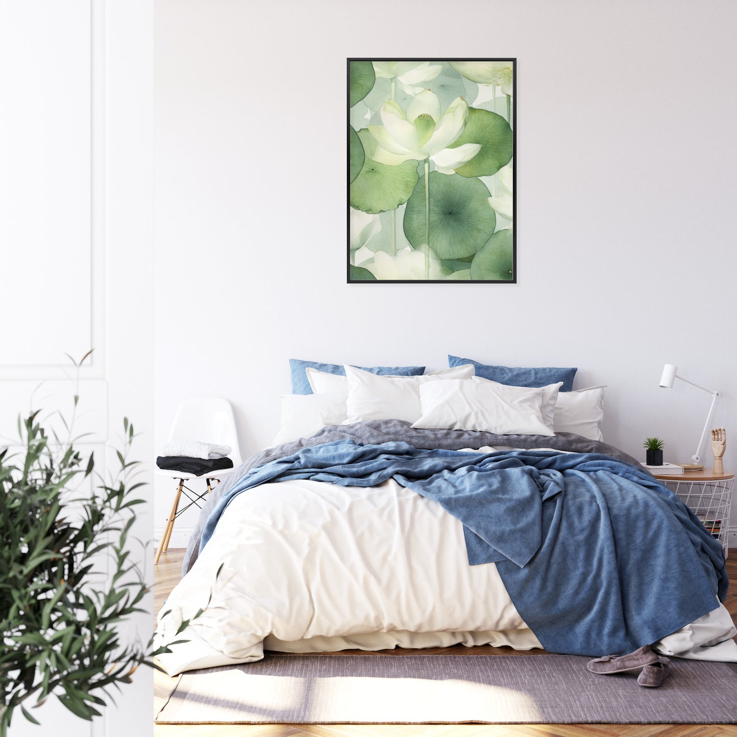 Poster Weiße Lotusblume Und Grüne Blätter Aquarell Rahmen Holz Mit Passepartout Farbe Natürlich