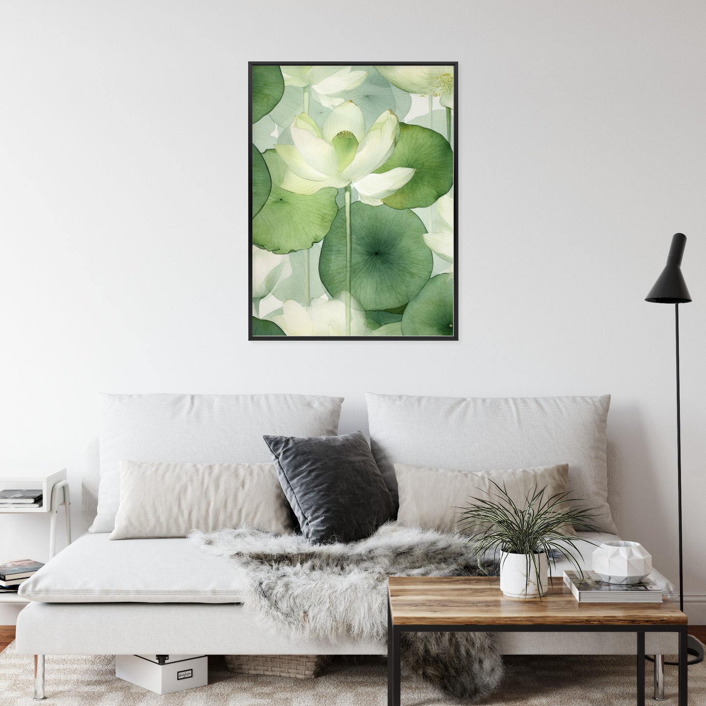 Poster Weiße Lotusblume Und Grüne Blätter Aquarell Rahmen Holz Mit Passepartout Farbe Natürlich