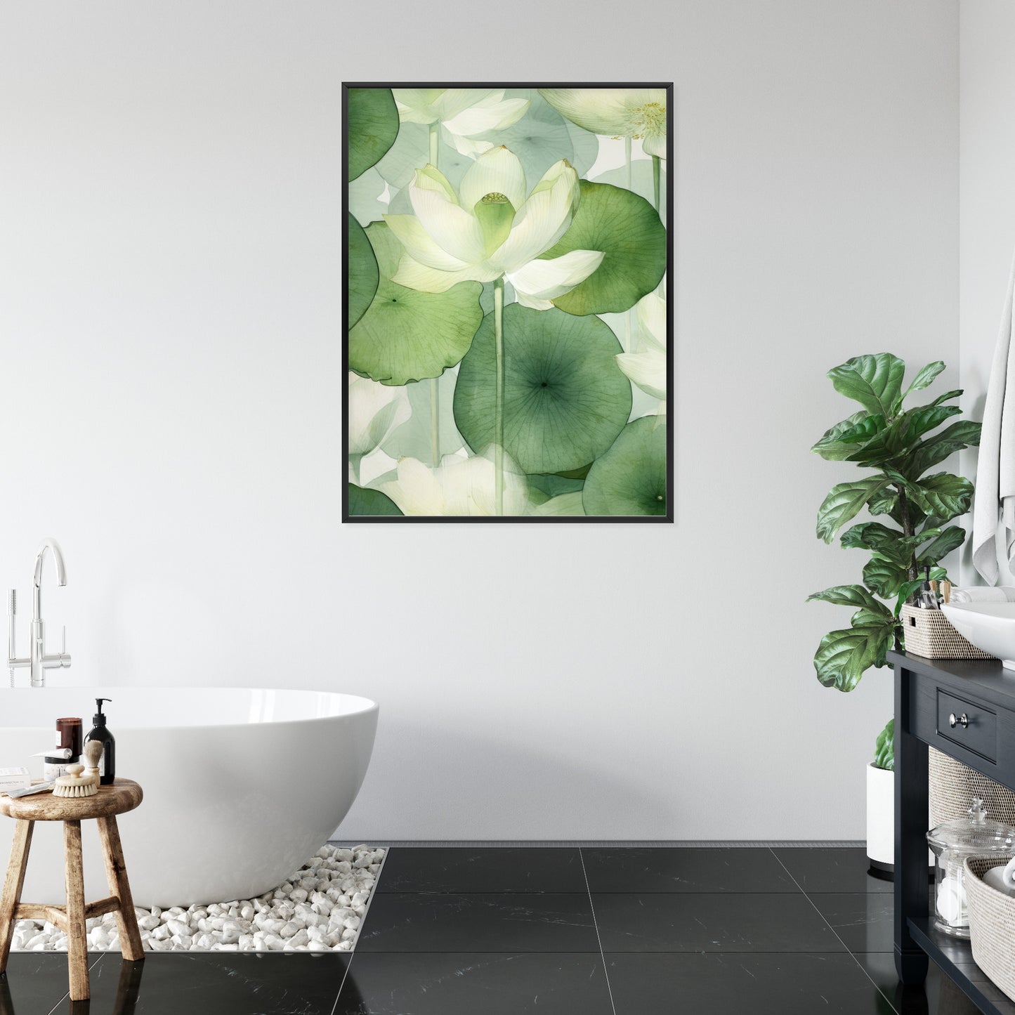 Poster Weiße Lotusblume Und Grüne Blätter Aquarell Rahmen Holz Mit Passepartout Farbe Natürlich